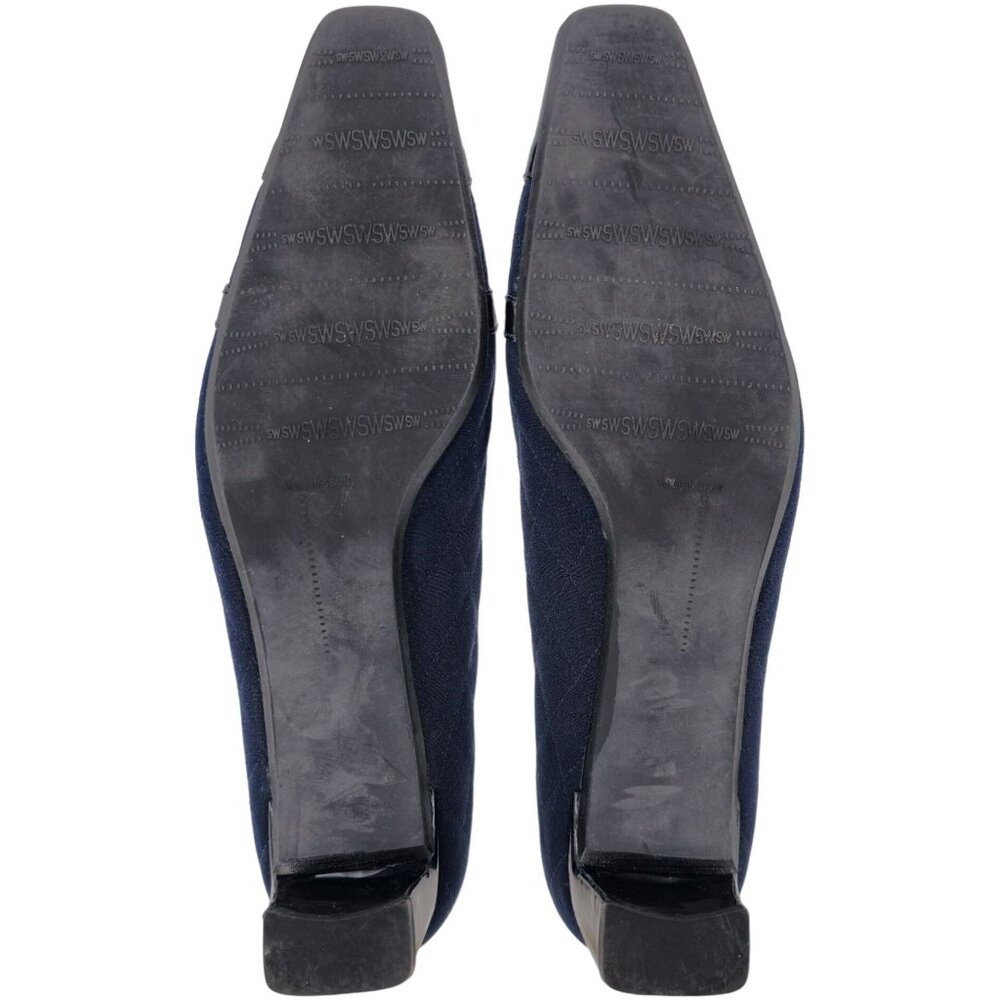 Stuart Weitzman 8.5AAAA Navy Crepe Fabric Black Leather Dress Bow Heels Womens - Picture 4 of 15